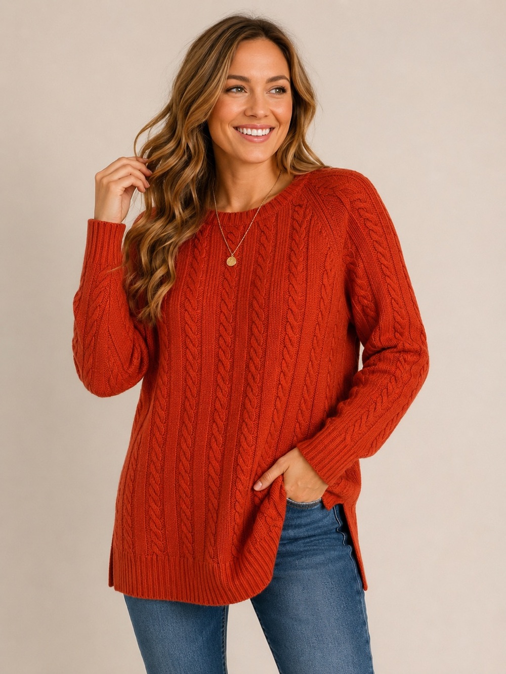 J. Jill Wool Blend Size Medium Orange Cable Knit Sweater / Tunic Pumpkin